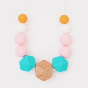 The Wild and The Tame_Colourpop Pink, Blue and Orange Wood and Silicone Teething Necklace_Gift for new mum