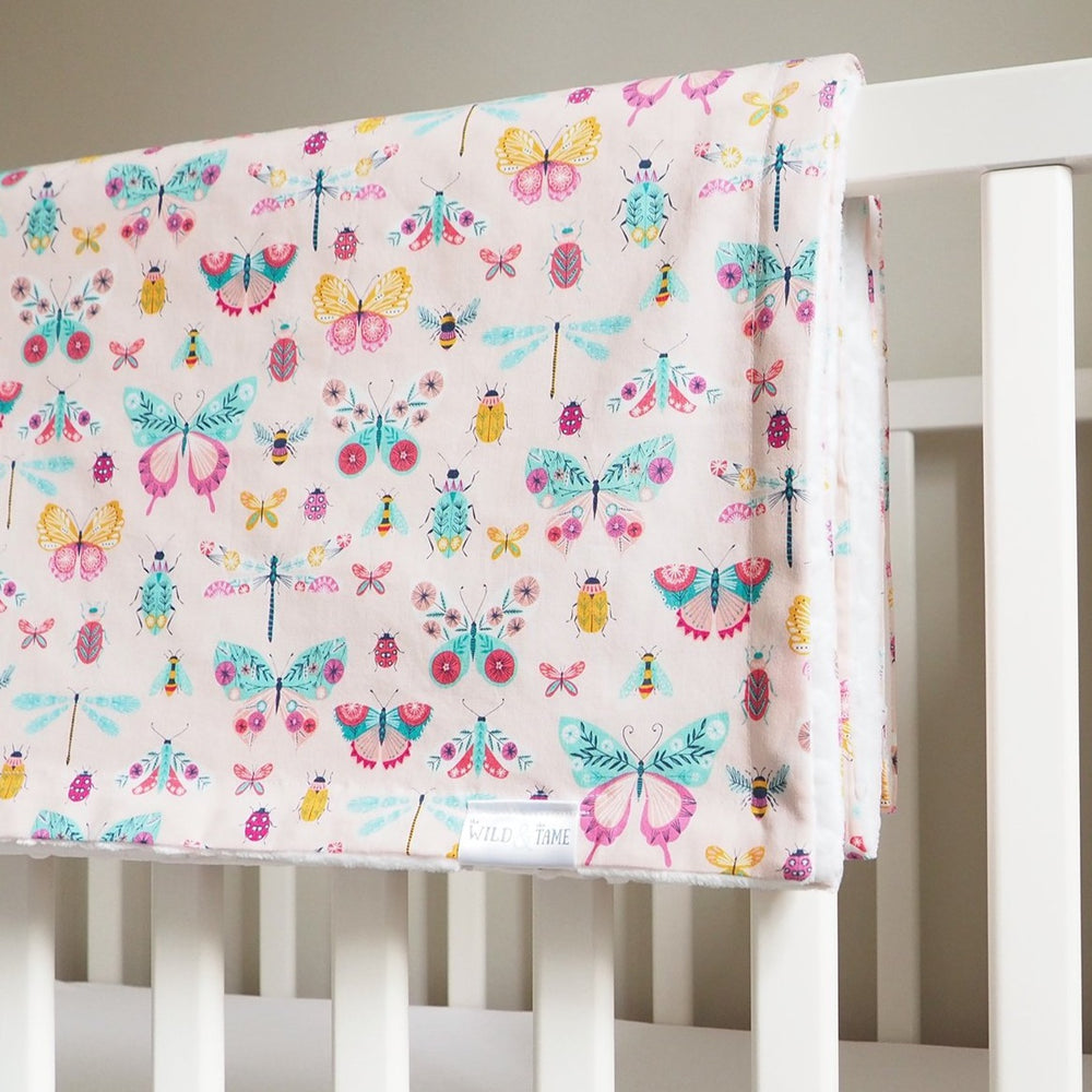 Handmade Pink Butterfly Print Toddler Cot Blanket and Newborn Moses Basket Blanket - Baby Girl Gift - The Wild and The Tame