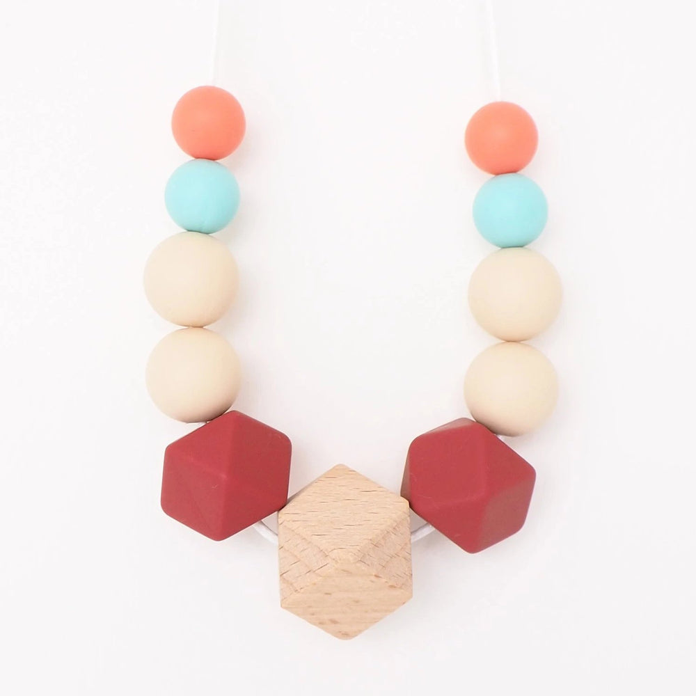 The Wild and The Tame_Neutral Turquoise, Pink and Red Wood and Silicone Teething Necklace_Gift for new mum